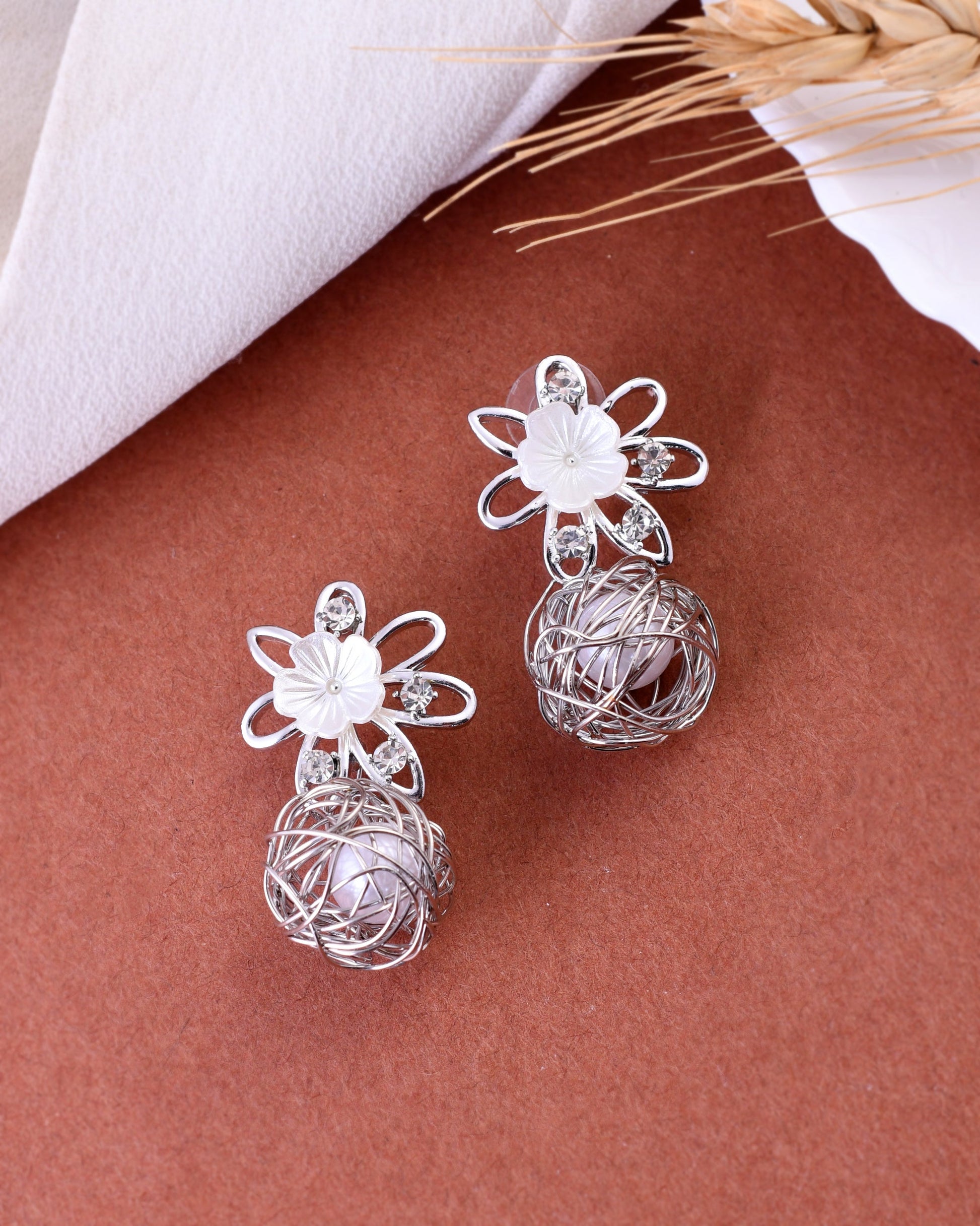 VOJ Women Silver Plated Flower Peral Studs Earrings - Grab2buy