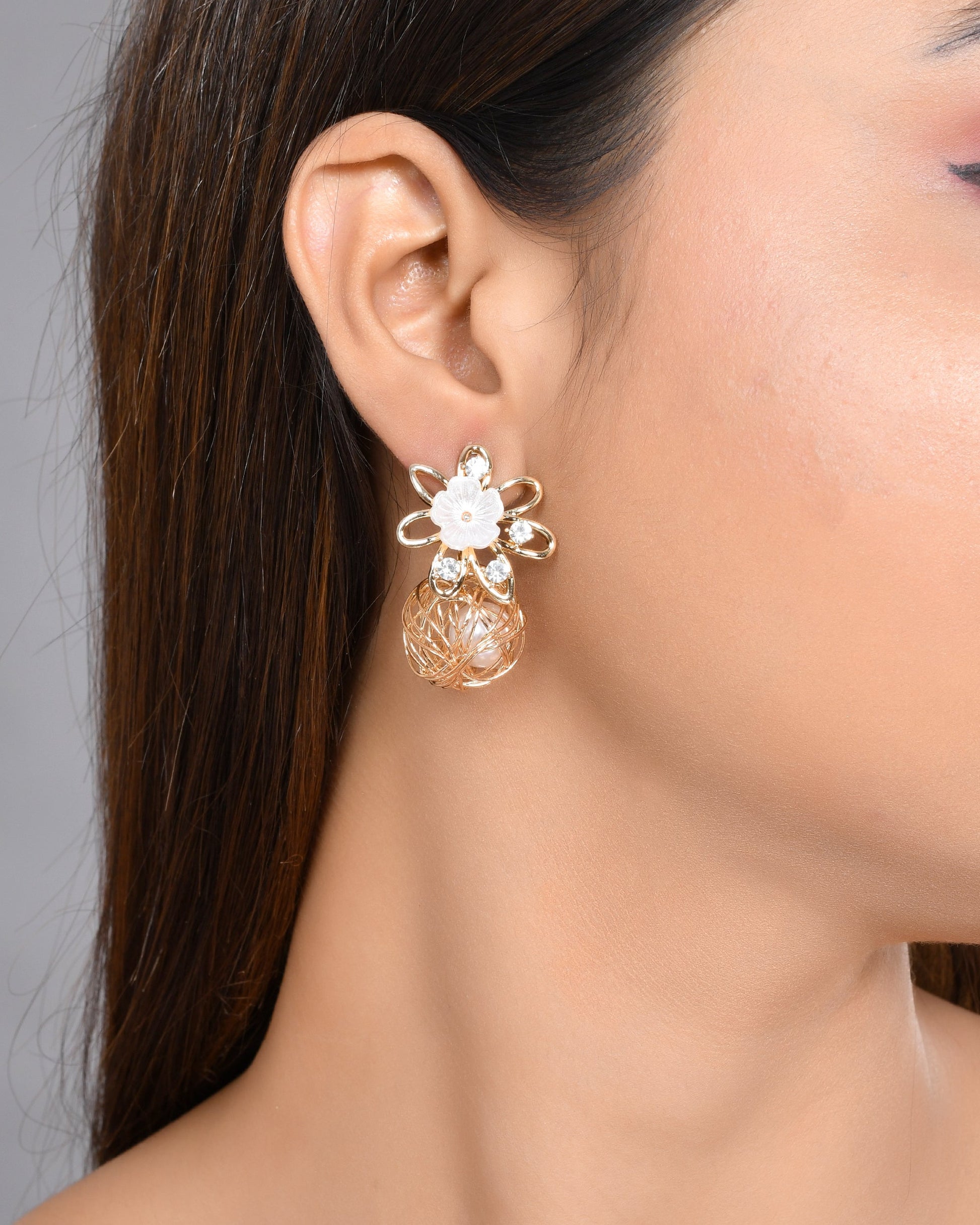 VOJ Women Gold Plated Flower Peral Studs Earrings - Grab2buy