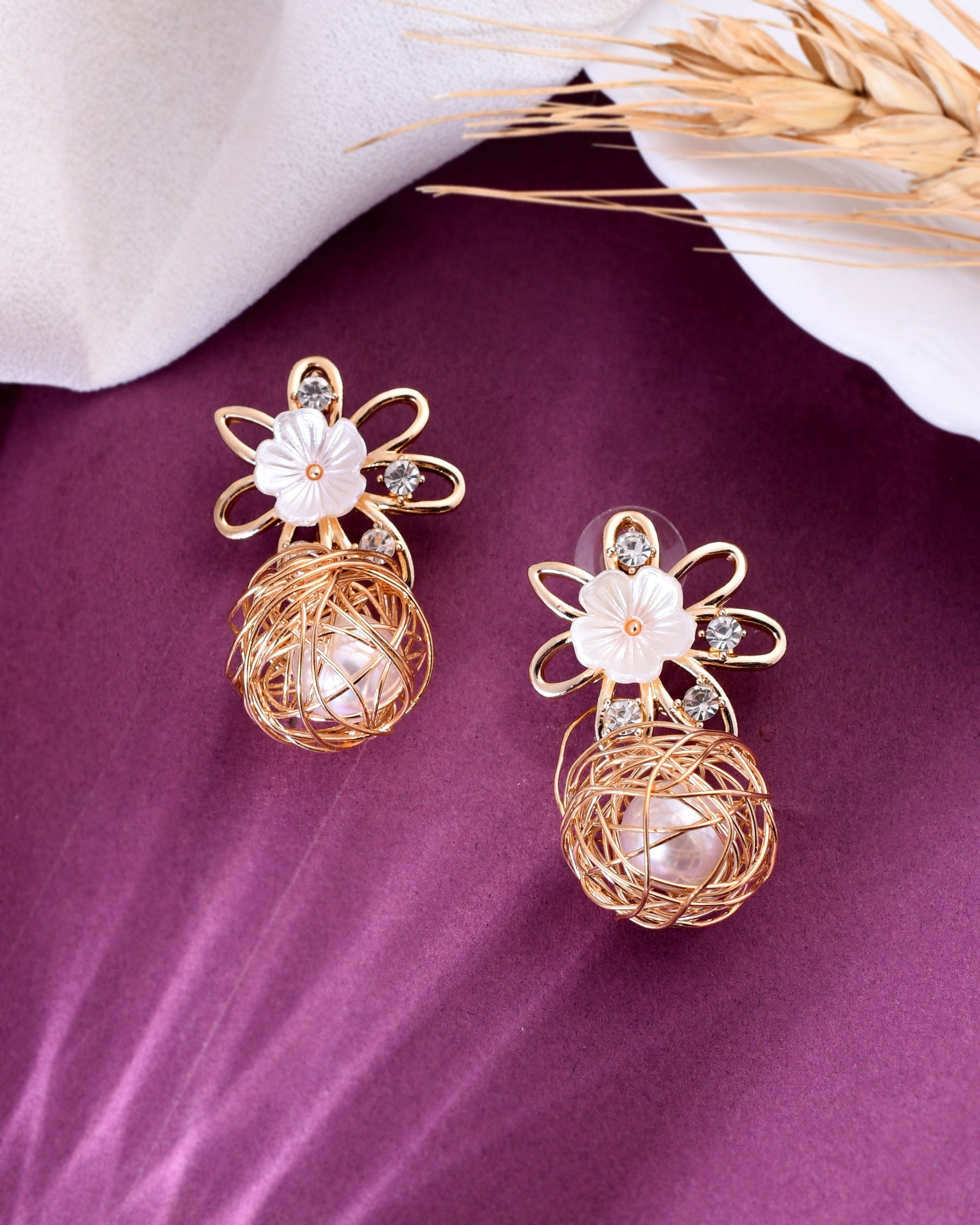 VOJ Women Gold Plated Flower Peral Studs Earrings - Grab2buy
