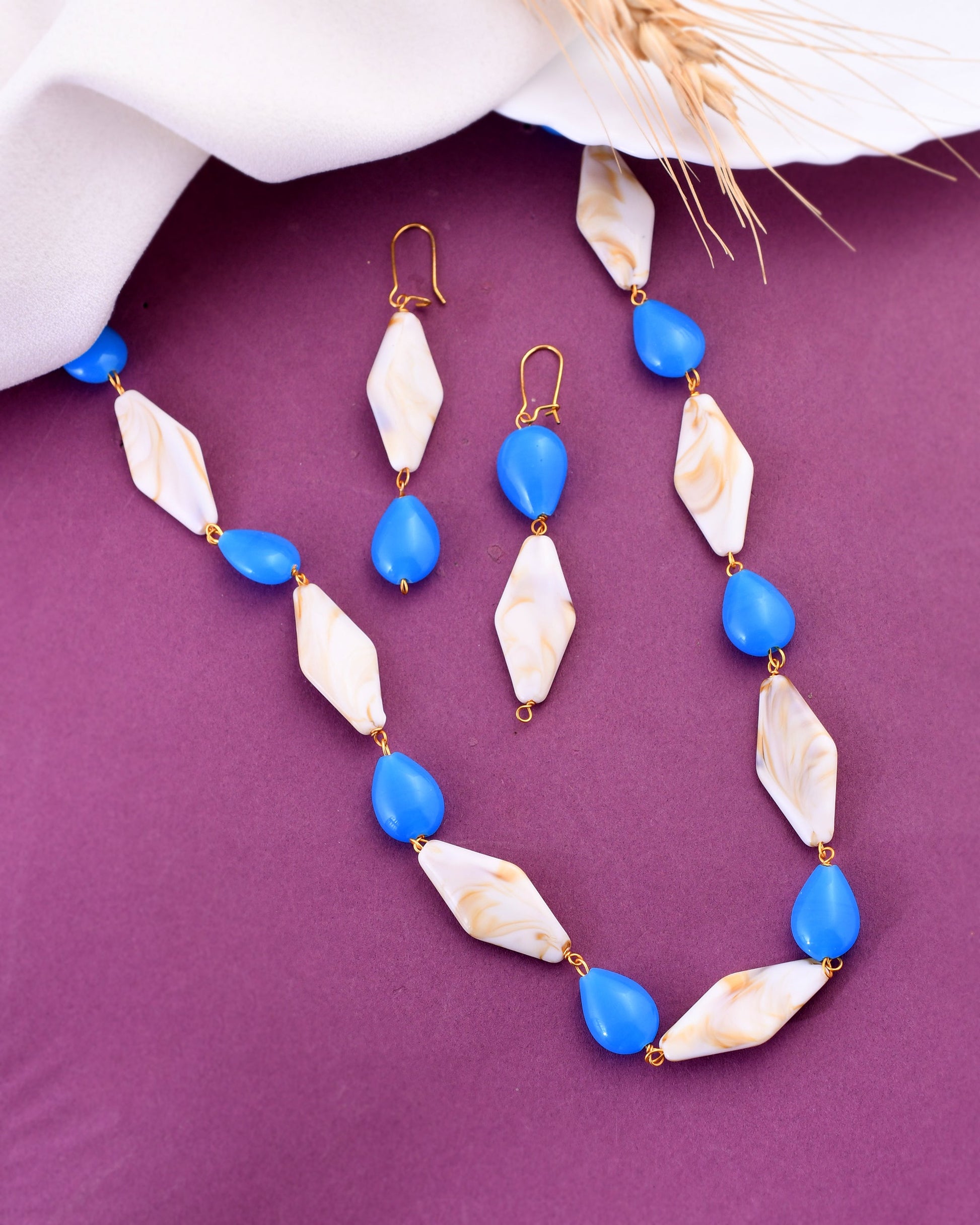 VOJ Women Sky Blue And White Beads Necklace And Earrings Set - Grab2buy