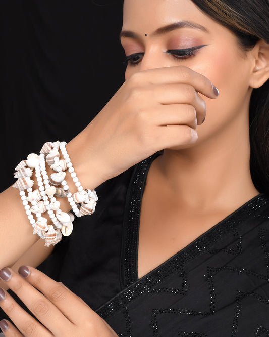 VOJ Women Silver Tone White Artificial Beads Bracelet | Grab2Buy