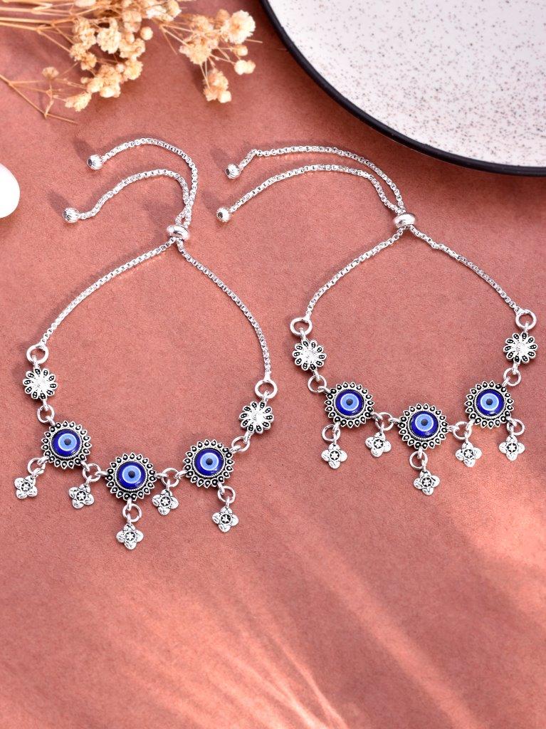 VOJ Pack of 2 Silver Plated Evel Eye Anklets 