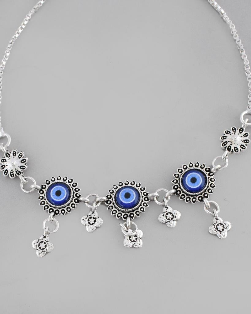 VOJ Pack of 2 Silver Plated Evel Eye Anklets 