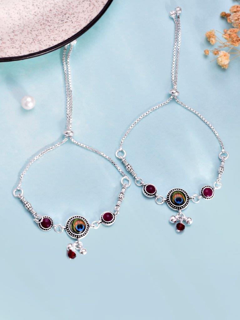 VOJ Pack of 2 Silver Plated Peacock Anklets 