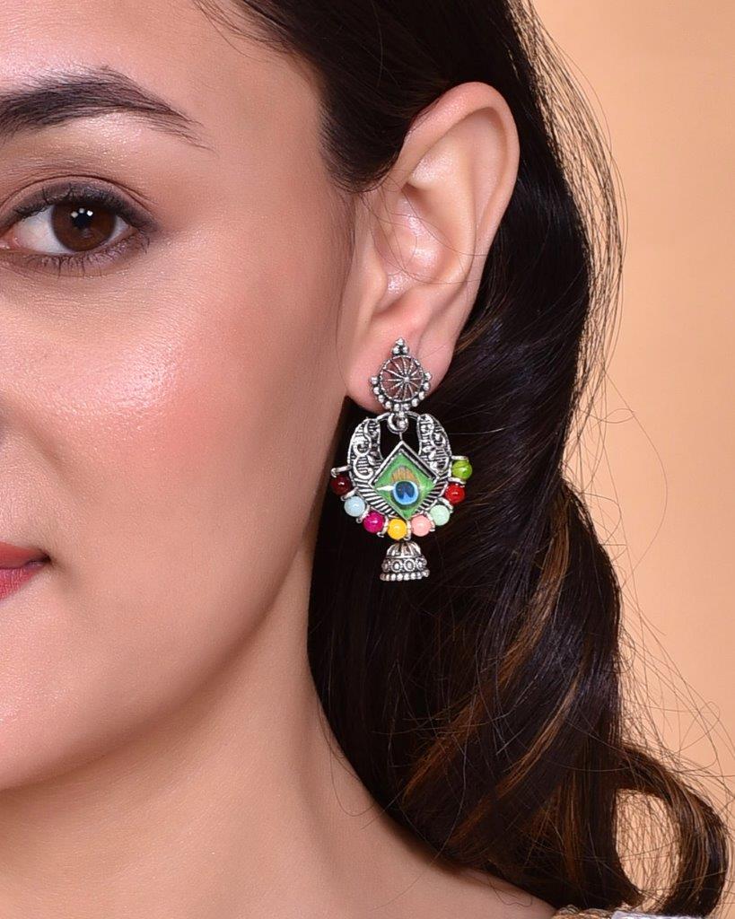 VOJ Silver Plated Peacock Contemporay Jhumka Earrings - Grab2buy