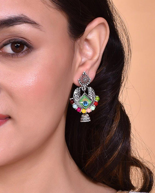 VOJ Silver Plated Peacock Contemporay Jhumka Earrings - Grab2buy