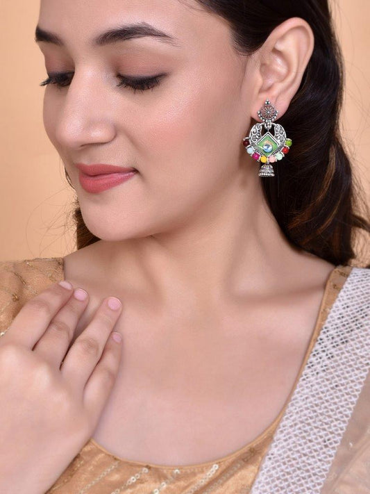 VOJ Silver Plated Peacock Contemporay Jhumka Earrings - Grab2buy