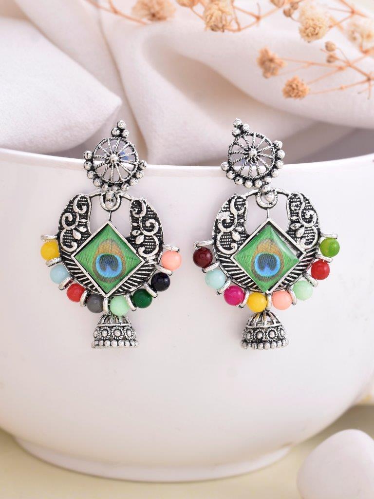 VOJ Silver Plated Peacock Contemporay Jhumka Earrings - Grab2buy