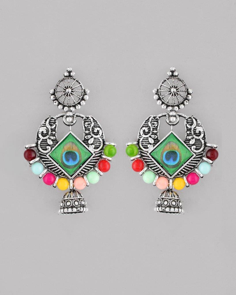 VOJ Silver Plated Peacock Contemporay Jhumka Earrings - Grab2buy