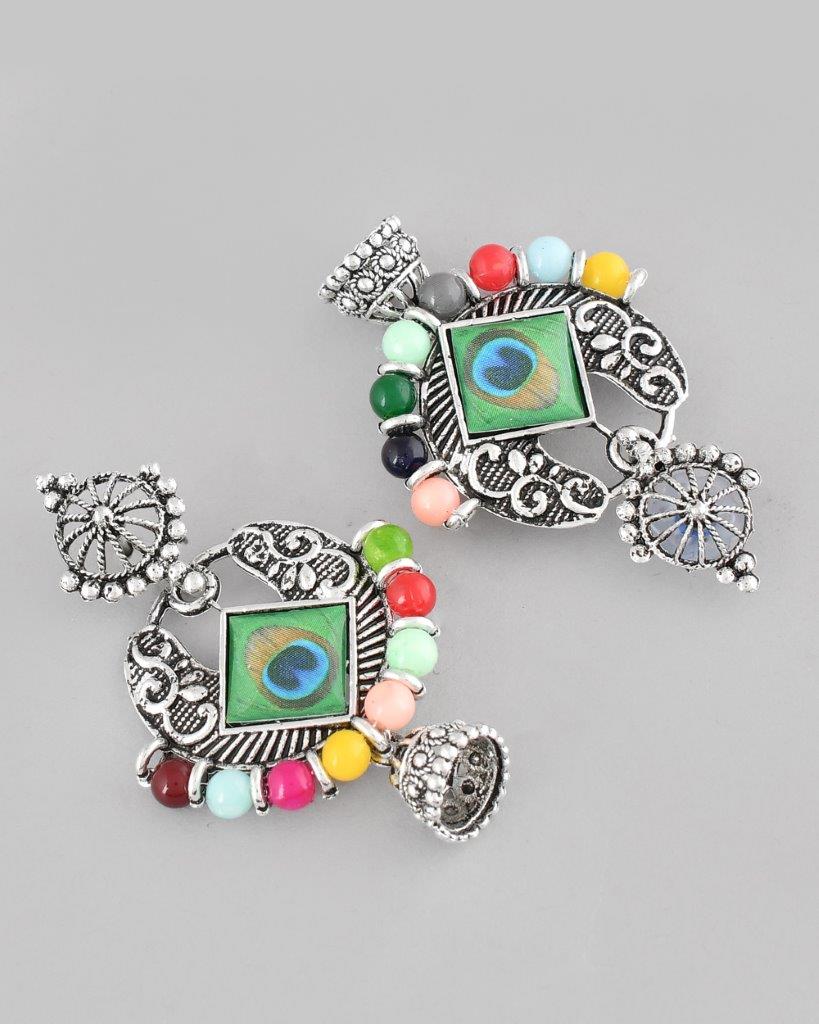 VOJ Silver Plated Peacock Contemporay Jhumka Earrings - Grab2buy