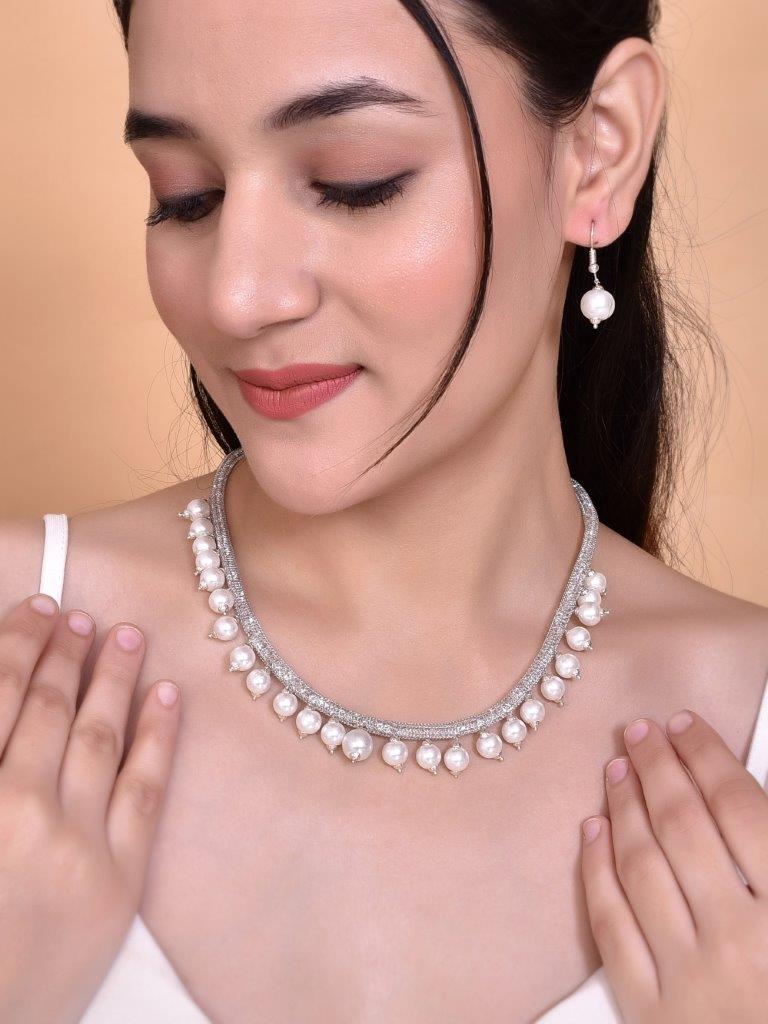 VOJ Silver Plated Pearls and AD-Studded Necklace & Earrings - Grab2buy
