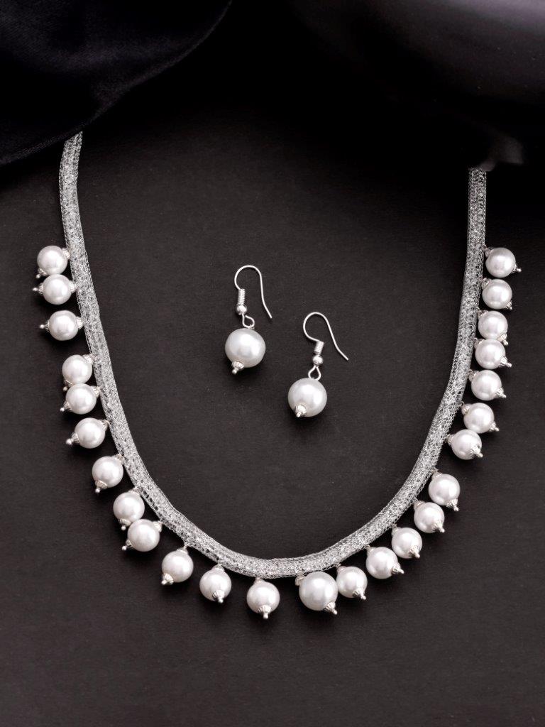 VOJ Silver Plated Pearls and AD-Studded Necklace & Earrings - Grab2buy