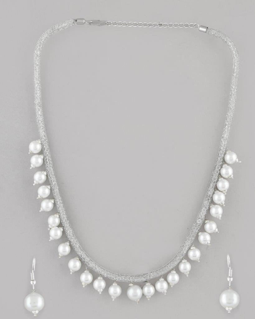 VOJ Silver Plated Pearls and AD-Studded Necklace & Earrings - Grab2buy