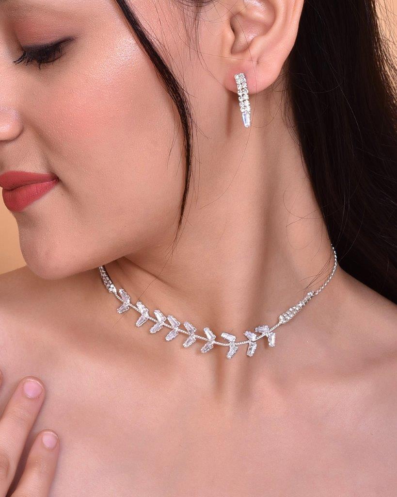VOJ Silver Plated AD-Studded Necklace & Earrings Set - Grab2buy