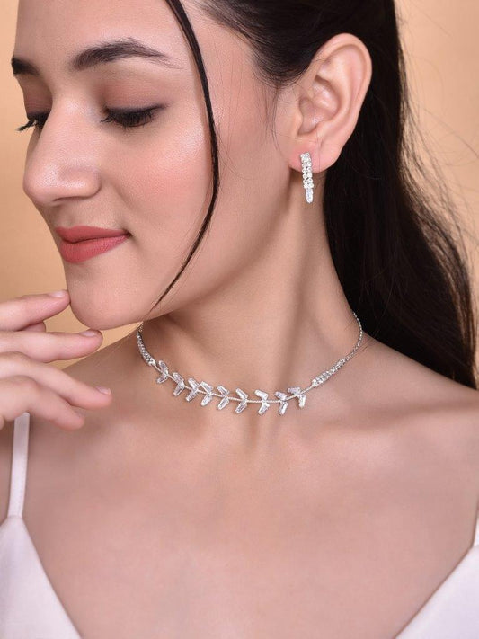 VOJ Silver Plated AD-Studded Necklace & Earrings Set - Grab2buy