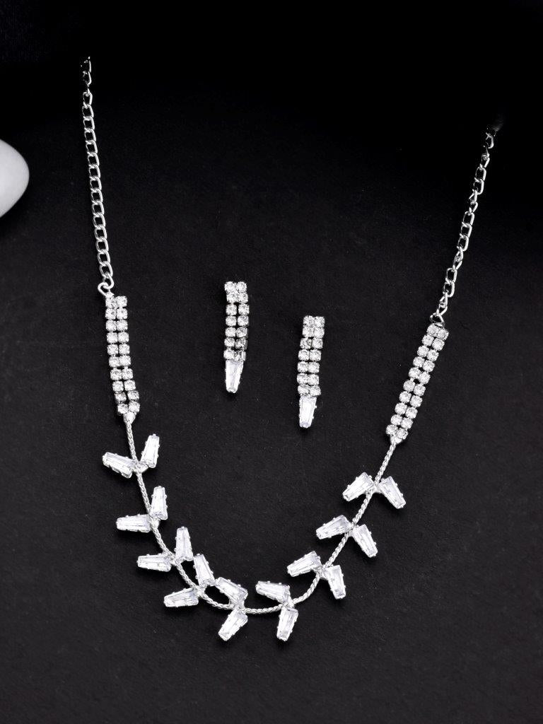 VOJ Silver Plated AD-Studded Necklace & Earrings Set - Grab2buy