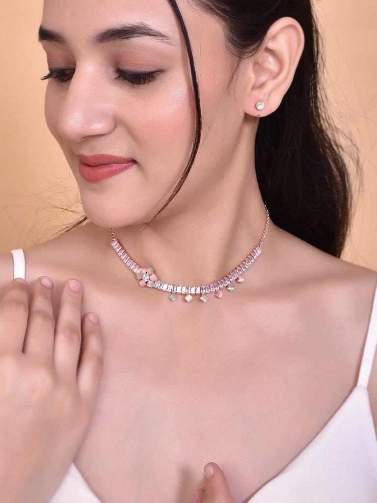 VOJ Rose Gold Plated AD-Studded Necklace & Earrings - Grab2buy