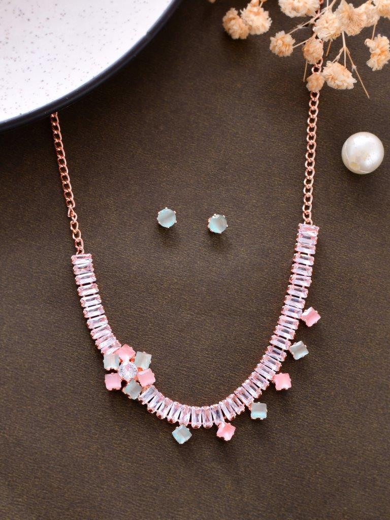 VOJ Rose Gold Plated AD-Studded Necklace & Earrings - Grab2buy