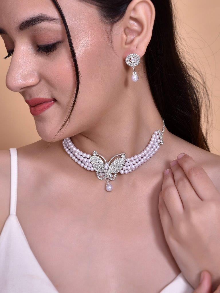 VOJ Gold Plated Kundan Studsed And Beaded Choker Necklace and Earring Set - Grab2buy