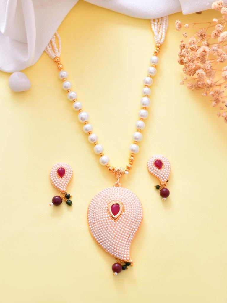 VOJ Gold Plated Kundan Studsed And Beaded Necklace and Earring Set - Grab2buy