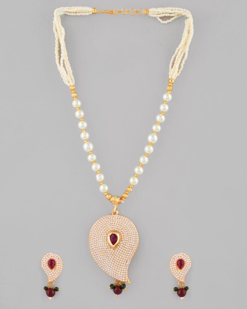 VOJ Gold Plated Kundan Studsed And Beaded Necklace and Earring Set - Grab2buy