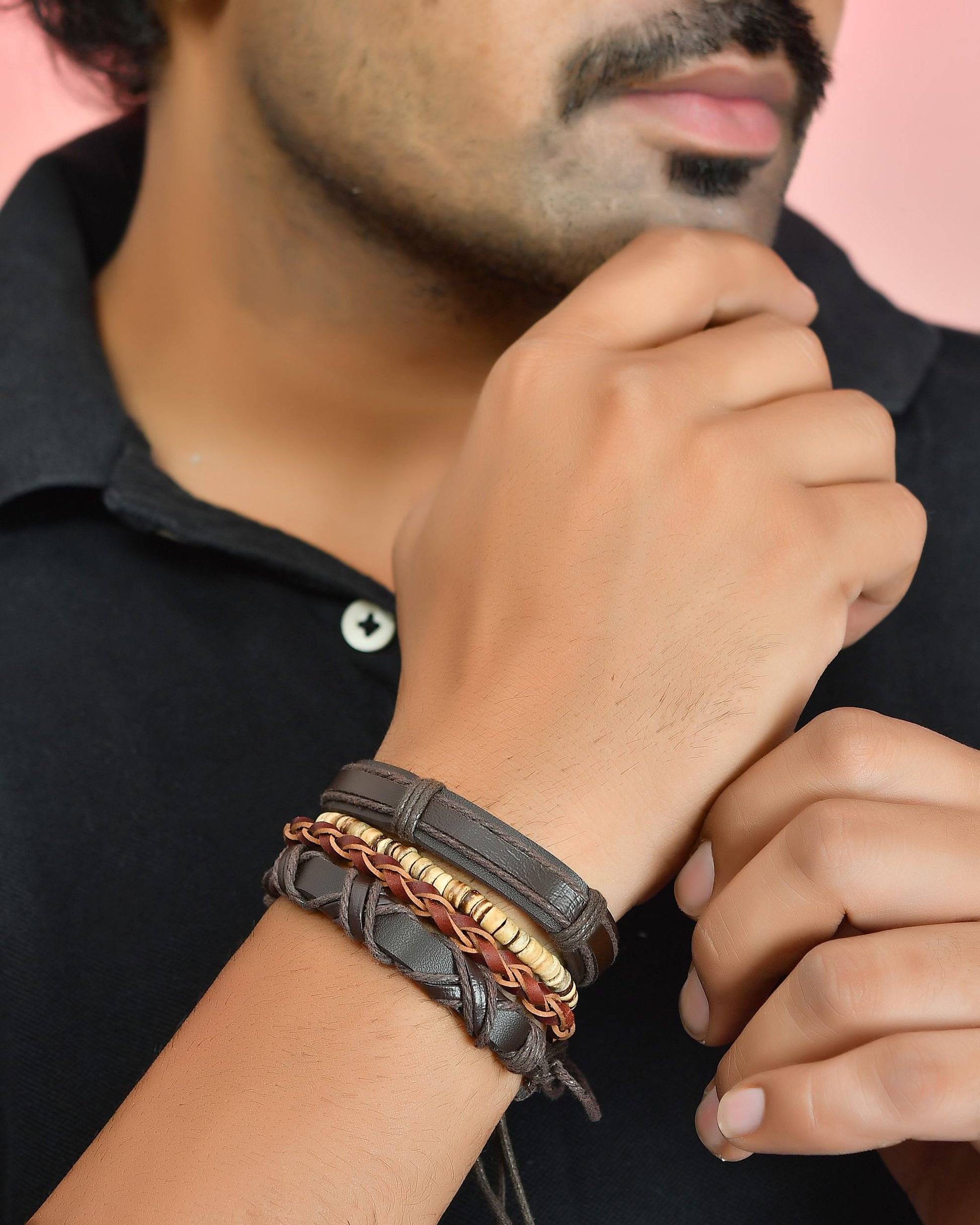 VOJ Men Set of 4 Brown Leather Wrap around Bracelet VOJ (Valley Of Jewellery)