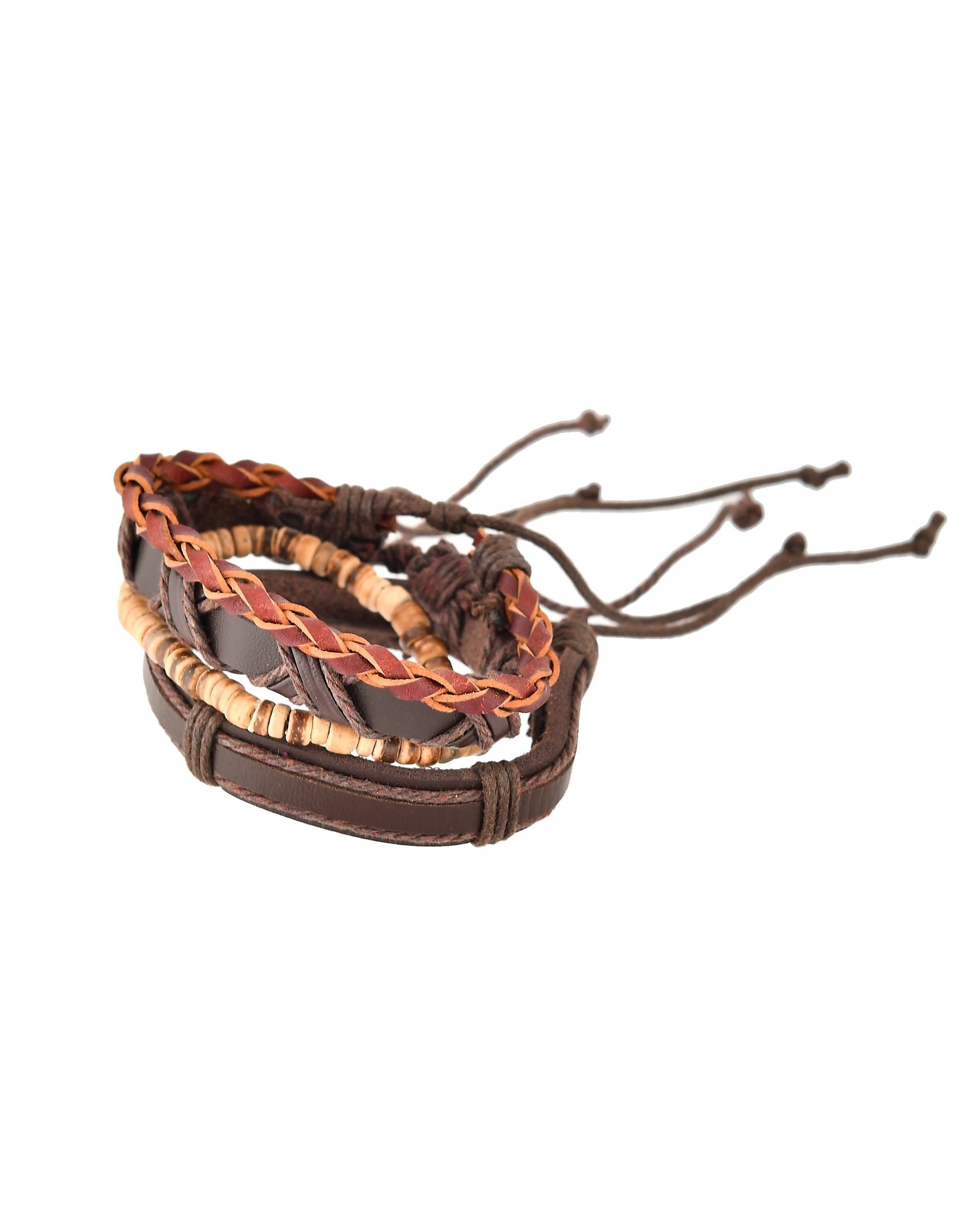 VOJ Men Set of 4 Brown Leather Wrap around Bracelet VOJ (Valley Of Jewellery)