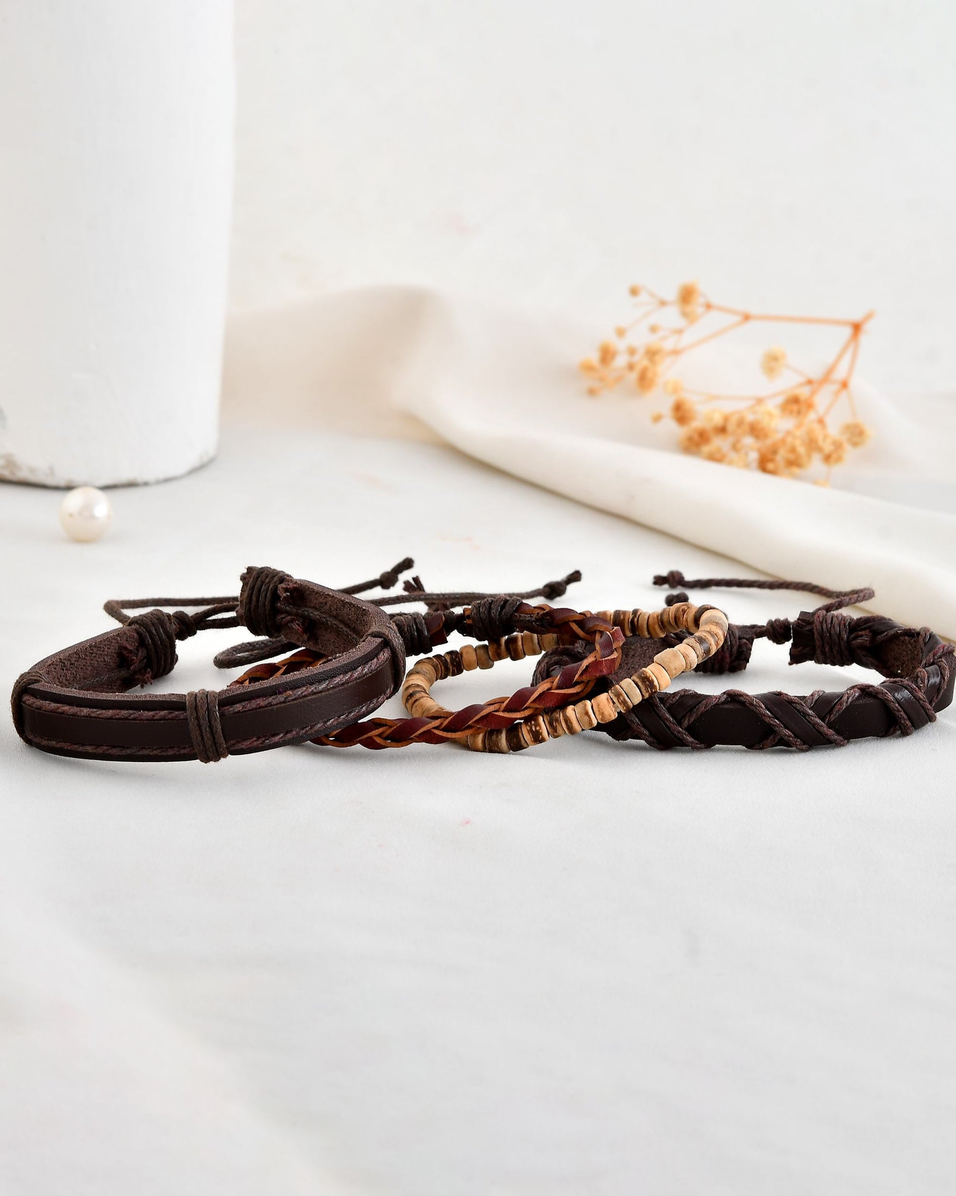 VOJ Men Set of 4 Brown Leather Wrap around Bracelet VOJ (Valley Of Jewellery)