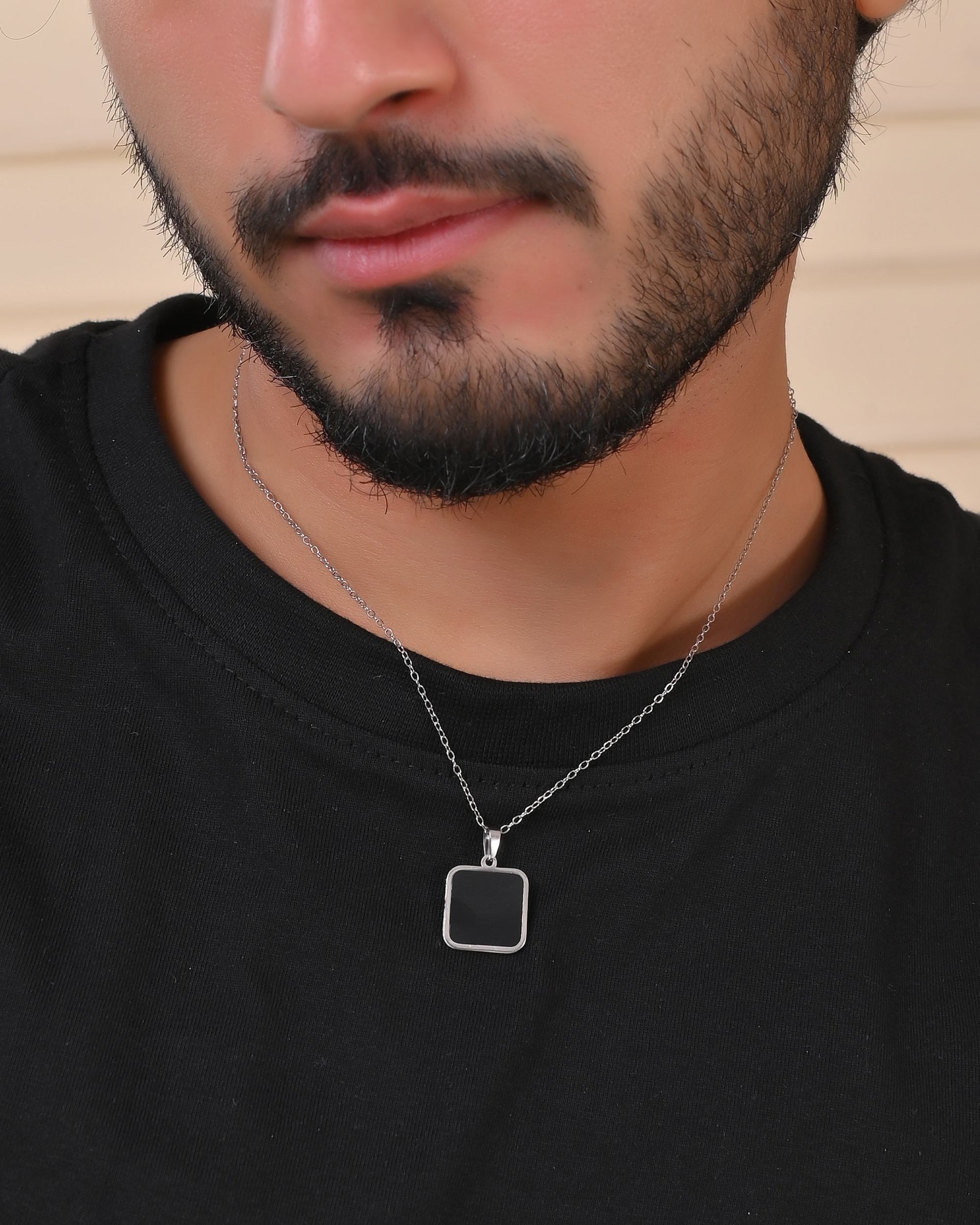 VOJ Men's Stainless Steel Silver Plated Chain With Square Shaped Pendant 