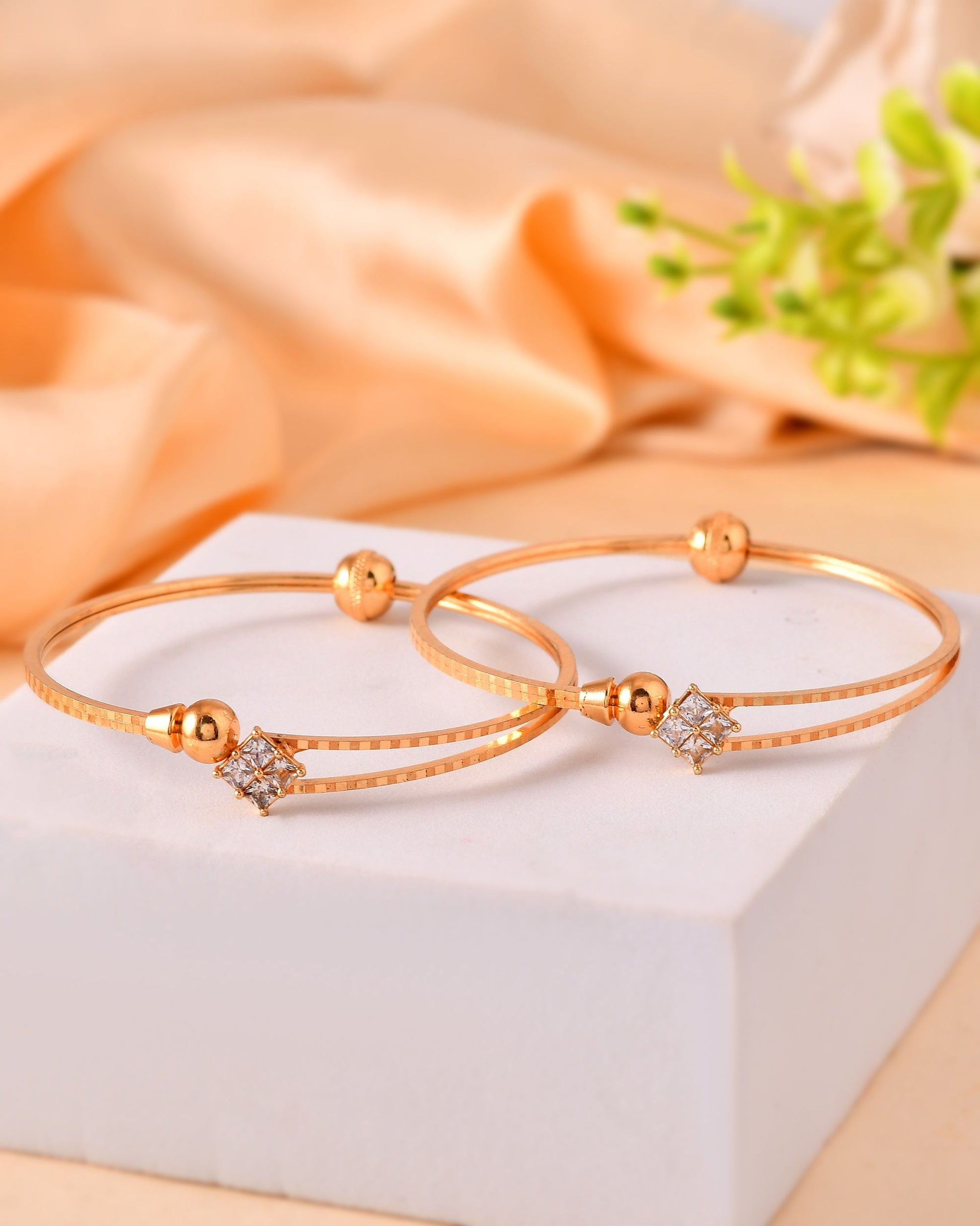 VOJ Set Of 2 Gold Polished Stone Studded Squares Shaped Bangles 