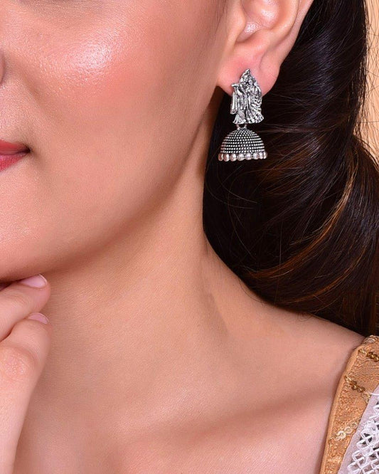 VOJ Kanha Studded Oxidised Silver Plated Contemporary Jhumka - Grab2buy