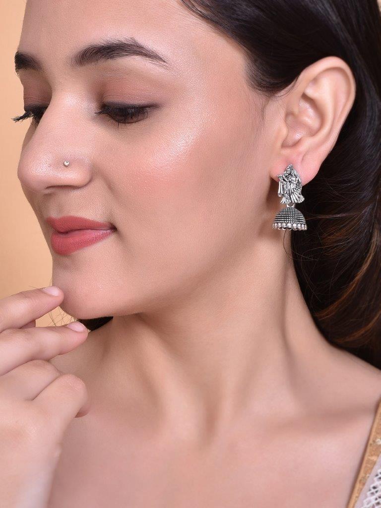 VOJ Kanha Studded Oxidised Silver Plated Contemporary Jhumka - Grab2buy