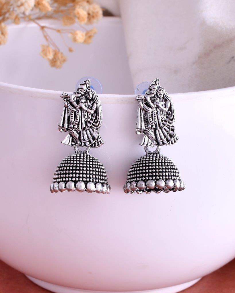 VOJ Kanha Studded Oxidised Silver Plated Contemporary Jhumka - Grab2buy