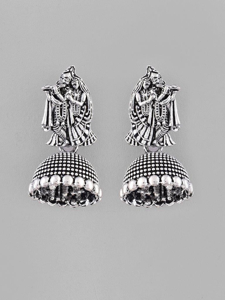 VOJ Kanha Studded Oxidised Silver Plated Contemporary Jhumka - Grab2buy