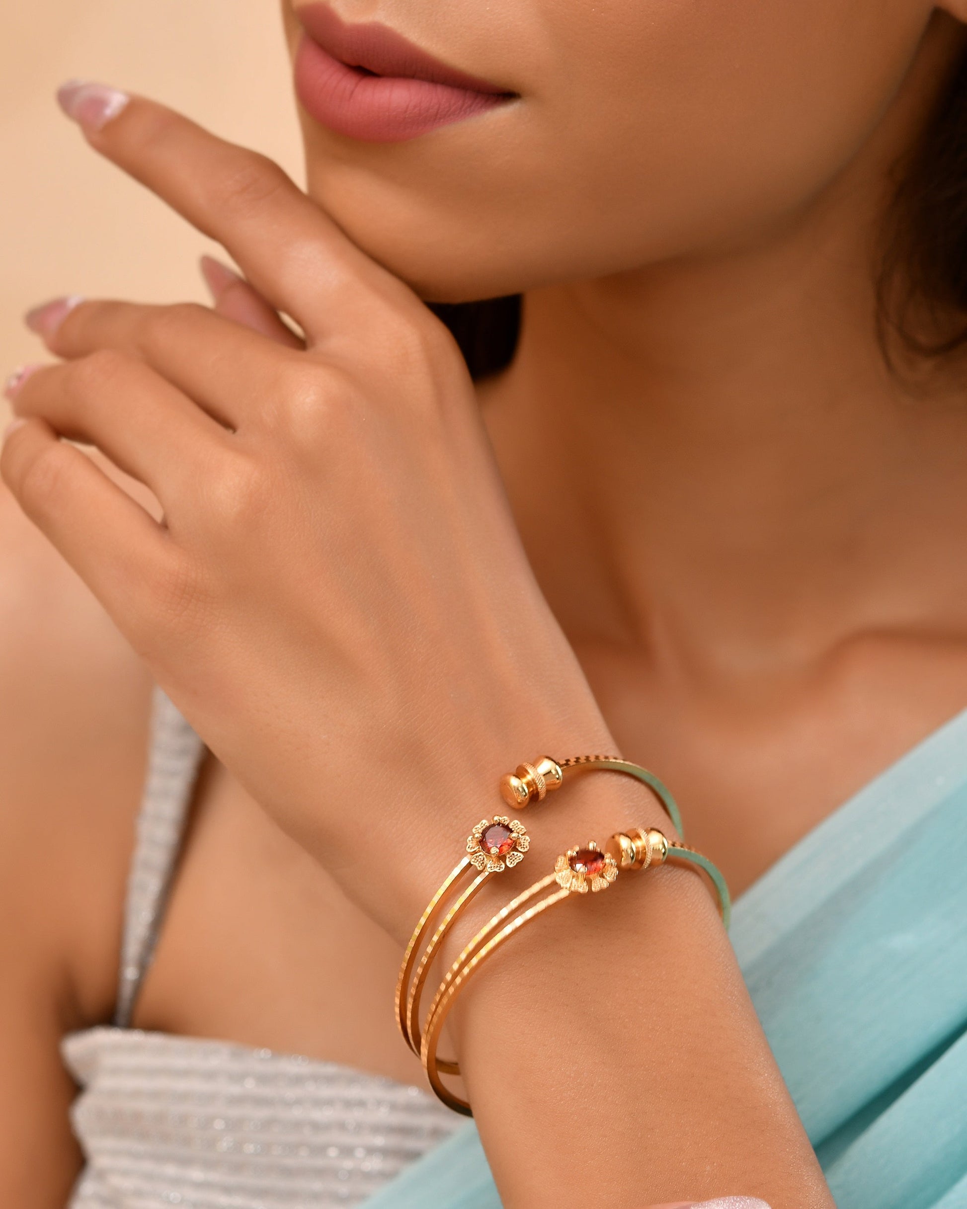 VOJ Set Of 2 Gold Polished Red Stone-Studded Bangles 