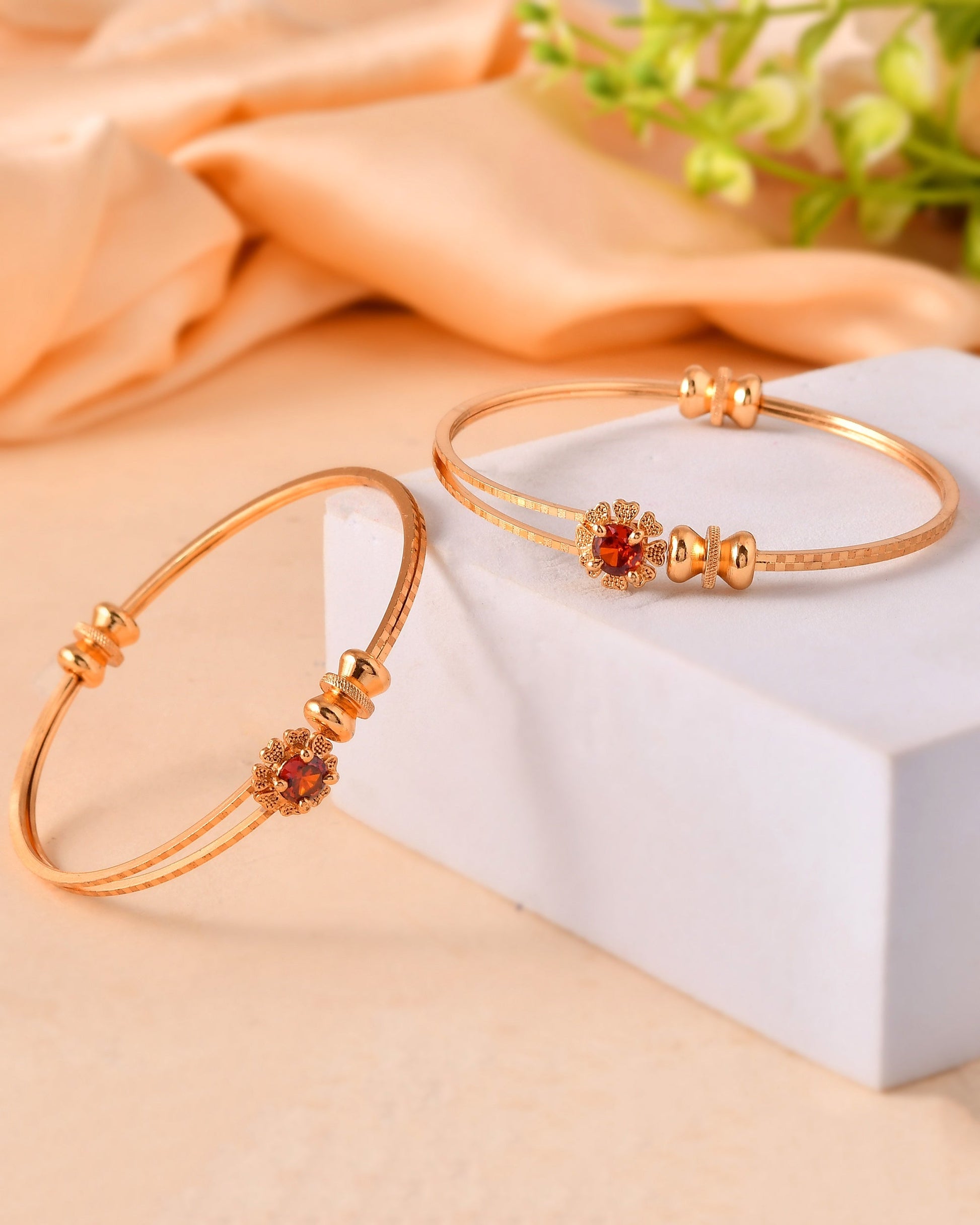 VOJ Set Of 2 Gold Polished Red Stone-Studded Bangles 
