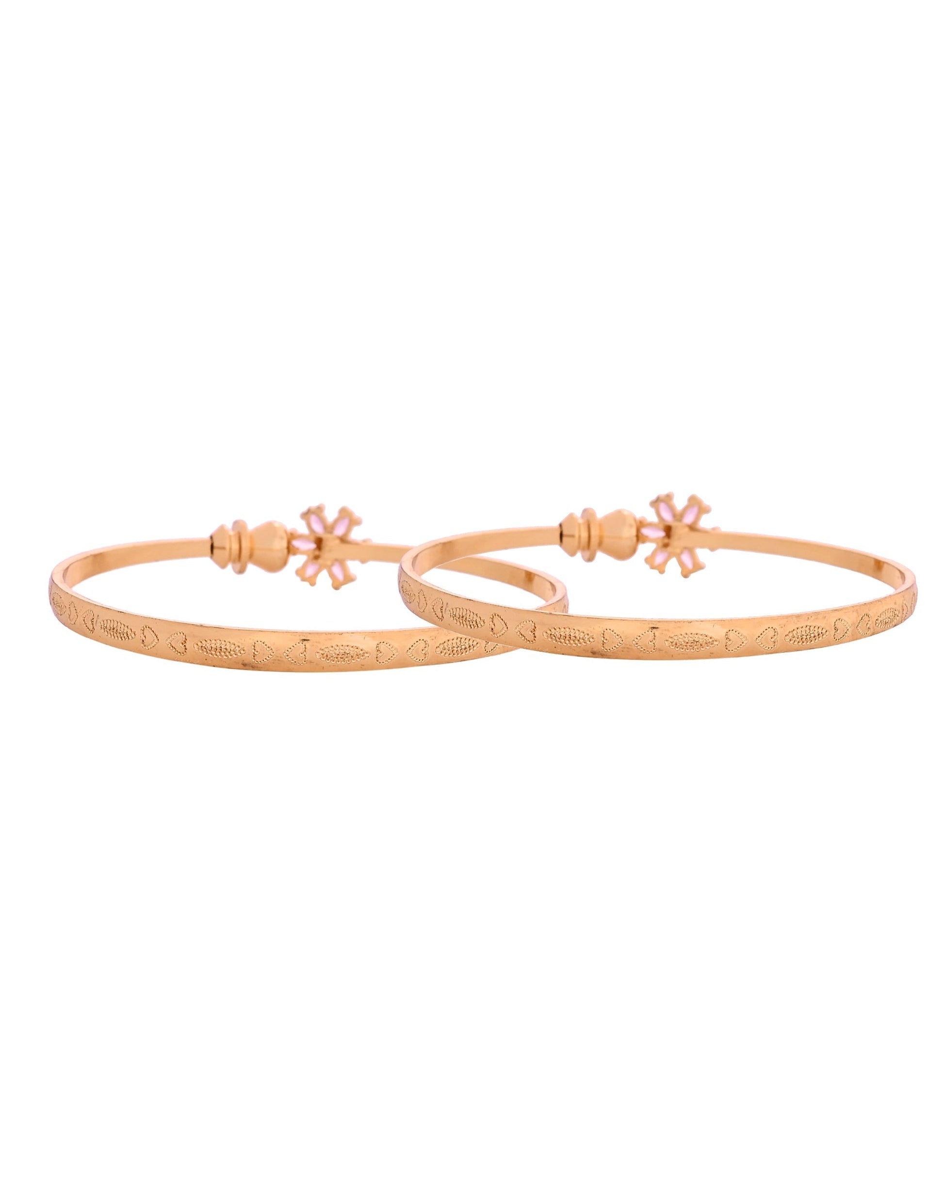 VOJ Set Of 2 Gold Polished Pink Stone Studded Floral Shaped Bangles 