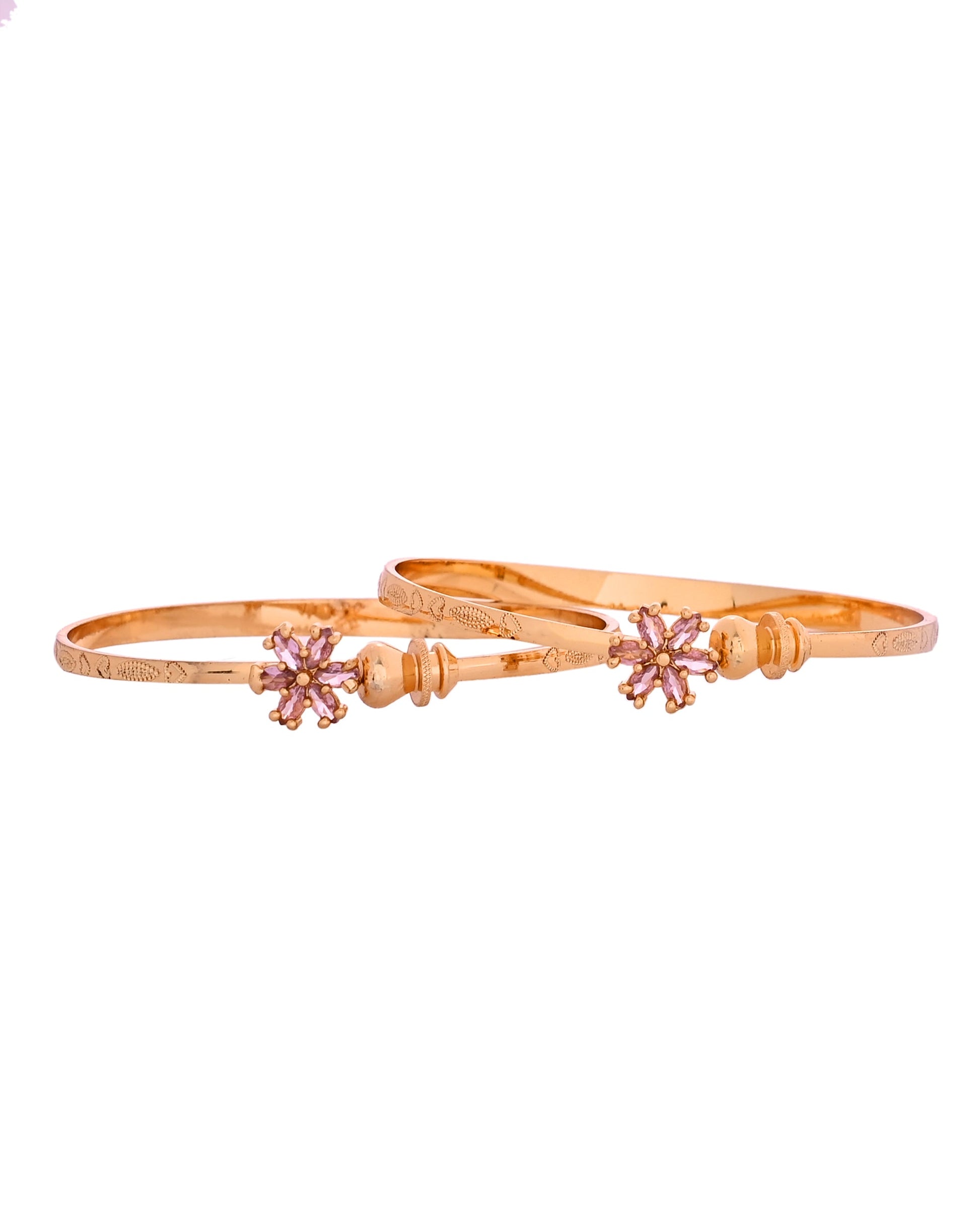 VOJ Set Of 2 Gold Polished Pink Stone Studded Floral Shaped Bangles 