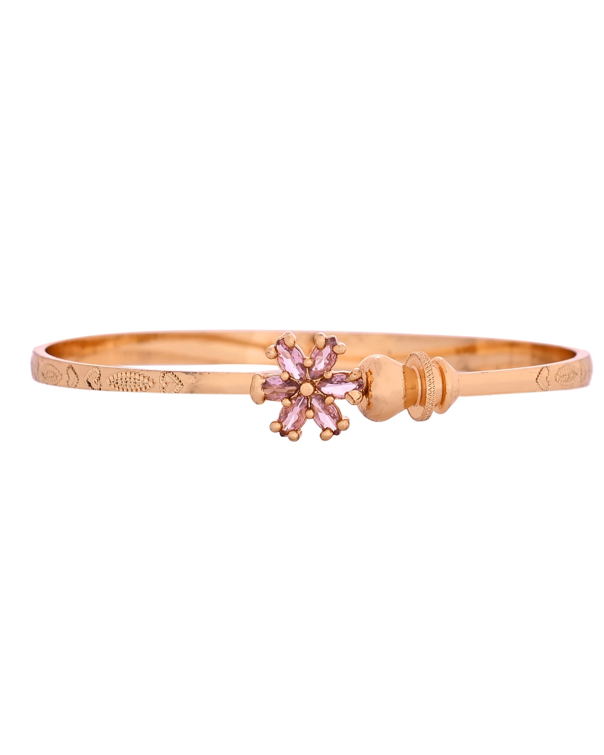 VOJ Set Of 2 Gold Polished Pink Stone Studded Floral Shaped Bangles 