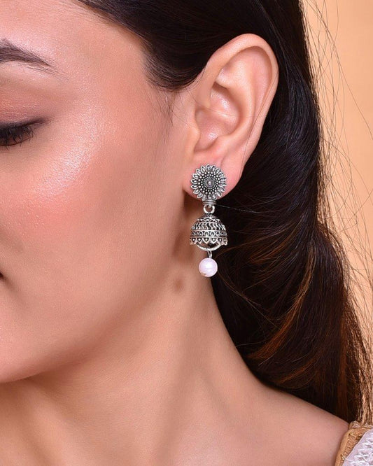 VOJ White Bead Studded Circular Oxidised Silver Plated Contemporary Jhumka - Grab2buy