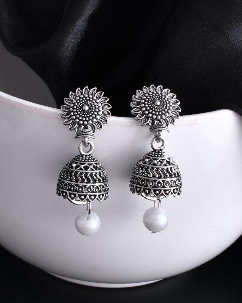 VOJ White Bead Studded Circular Oxidised Silver Plated Contemporary Jhumka - Grab2buy