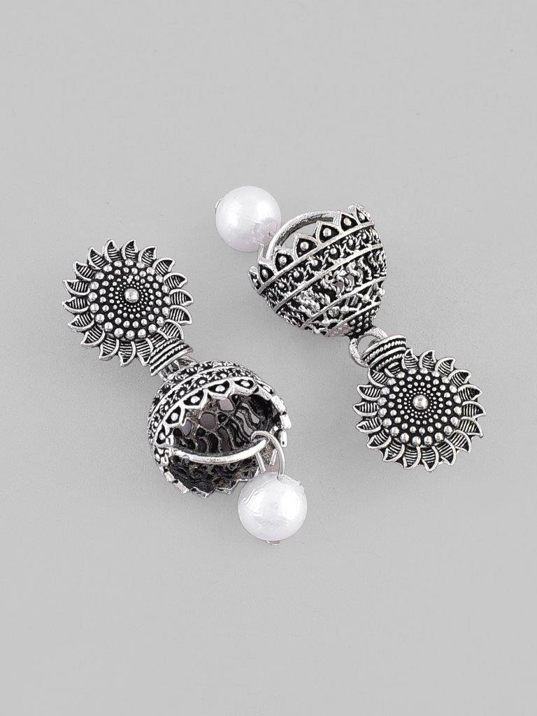 VOJ White Bead Studded Circular Oxidised Silver Plated Contemporary Jhumka - Grab2buy