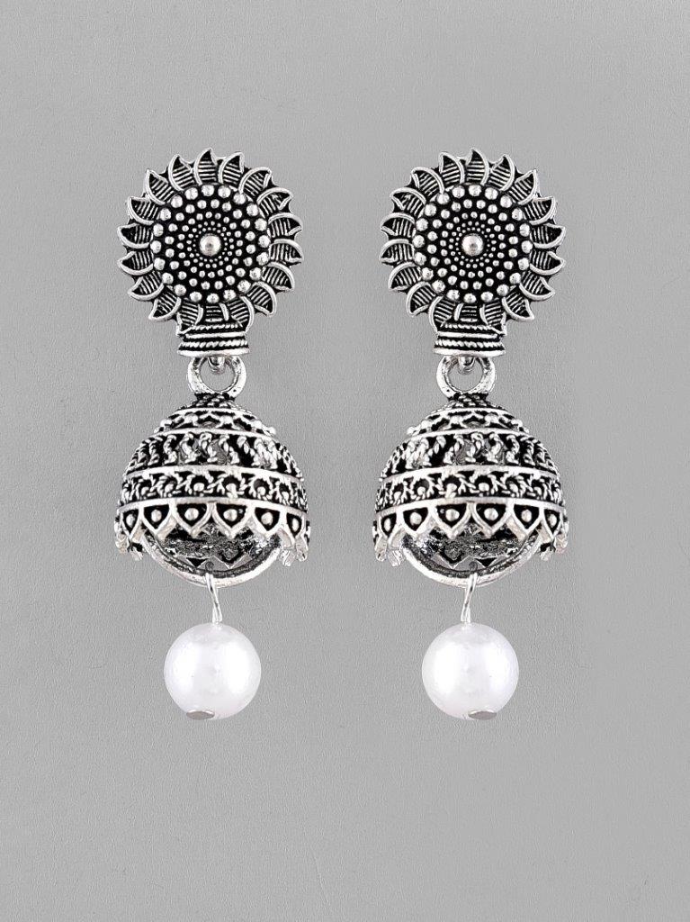 VOJ White Bead Studded Circular Oxidised Silver Plated Contemporary Jhumka - Grab2buy