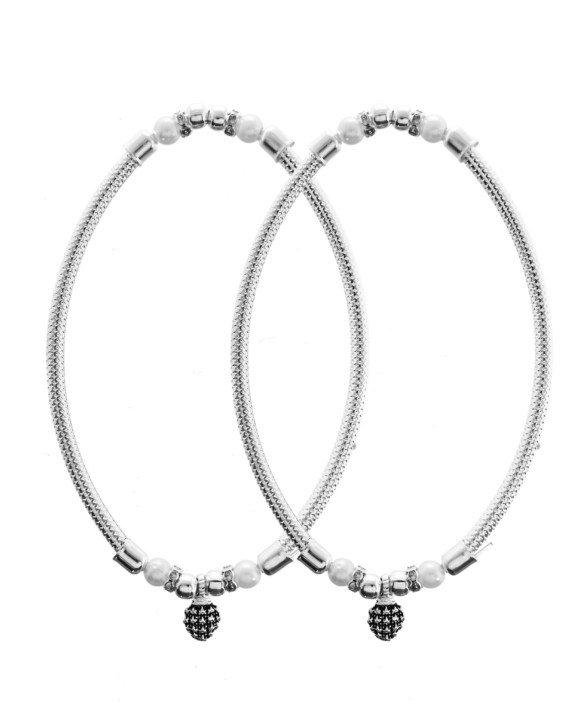 VOJ Set of 2 Silver Plated Stainless Steel Elasticated Anklet 