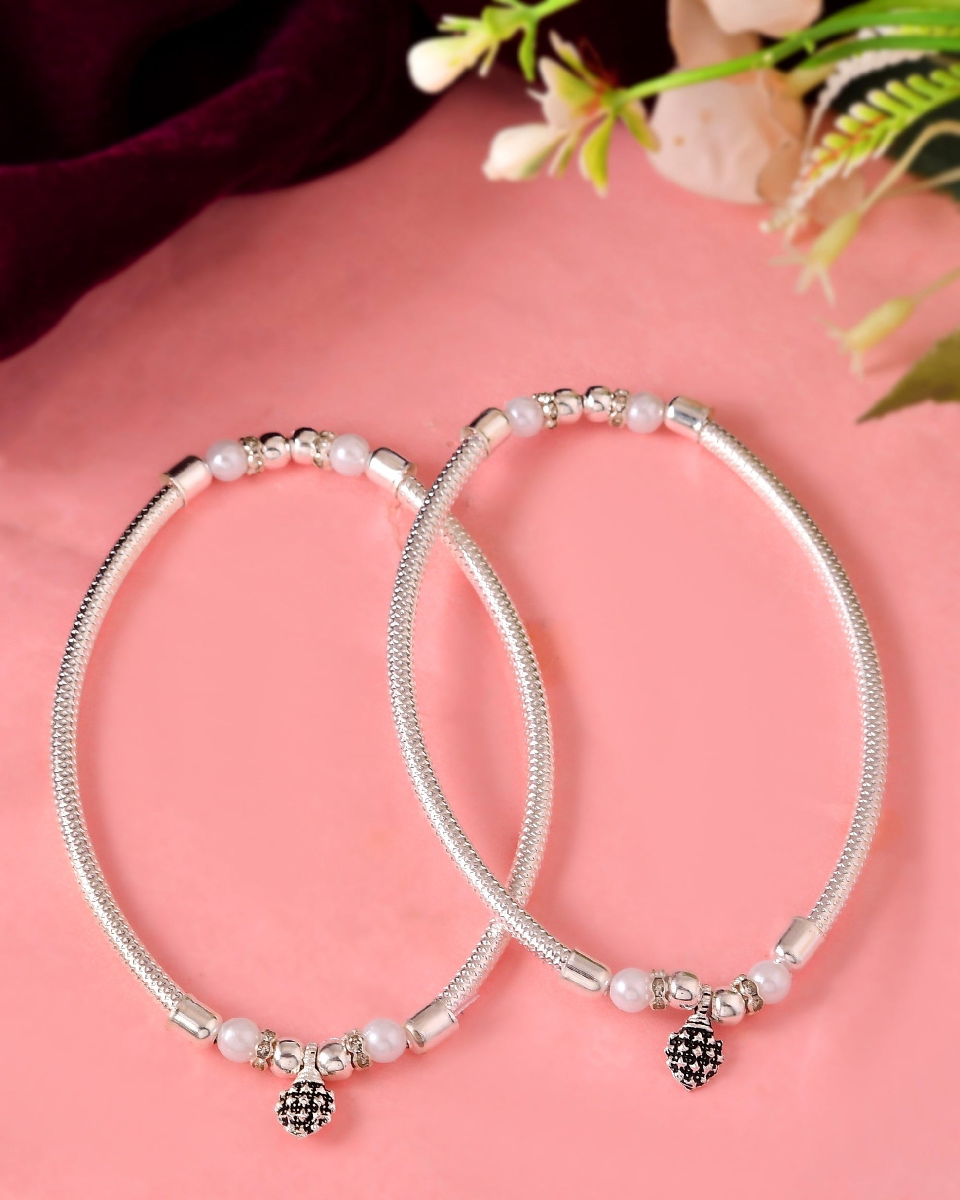 VOJ Set of 2 Silver Plated Stainless Steel Elasticated Anklet 