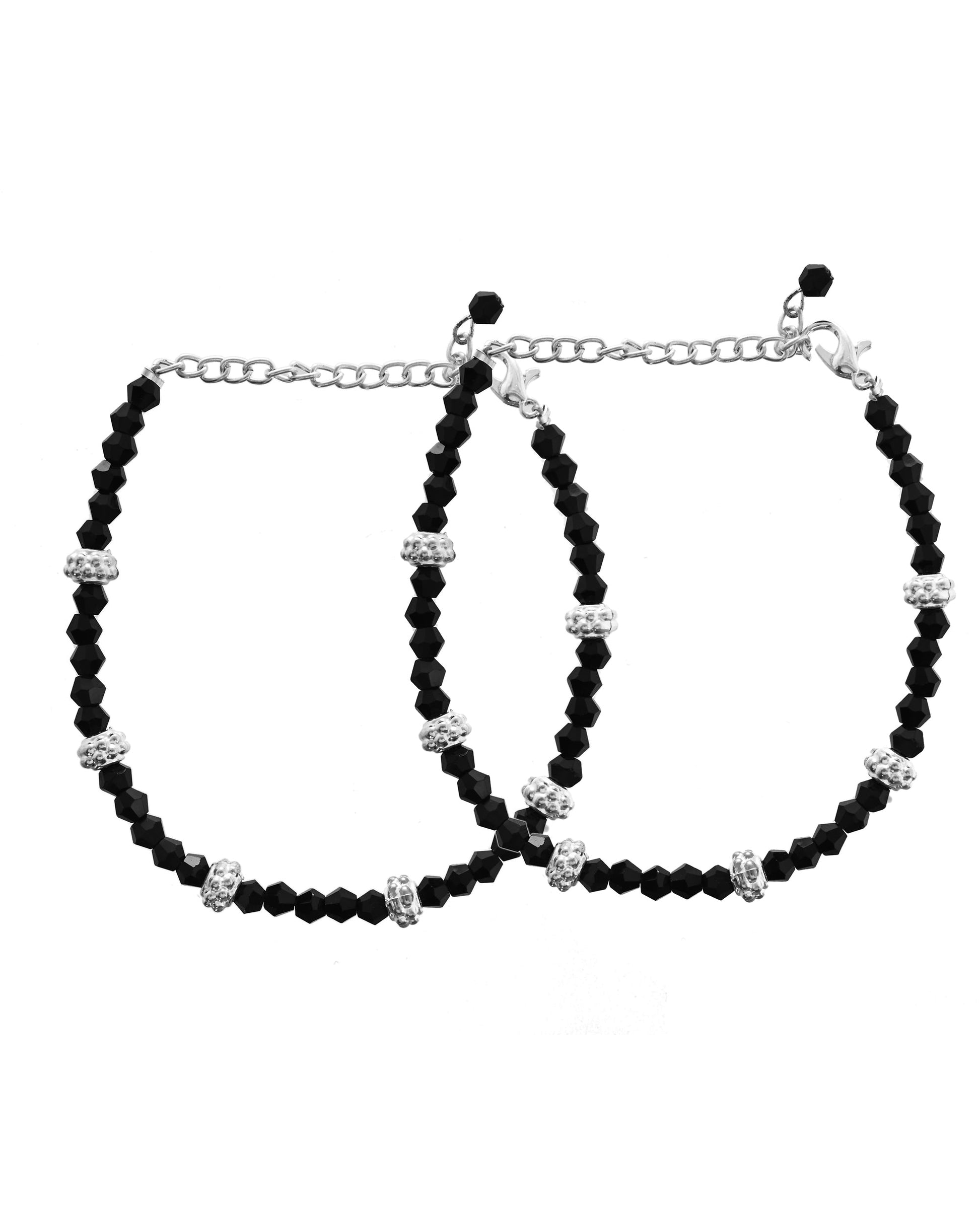 VOJ Set of 2 Silver Plated Artificial Beads Studded Anklet 