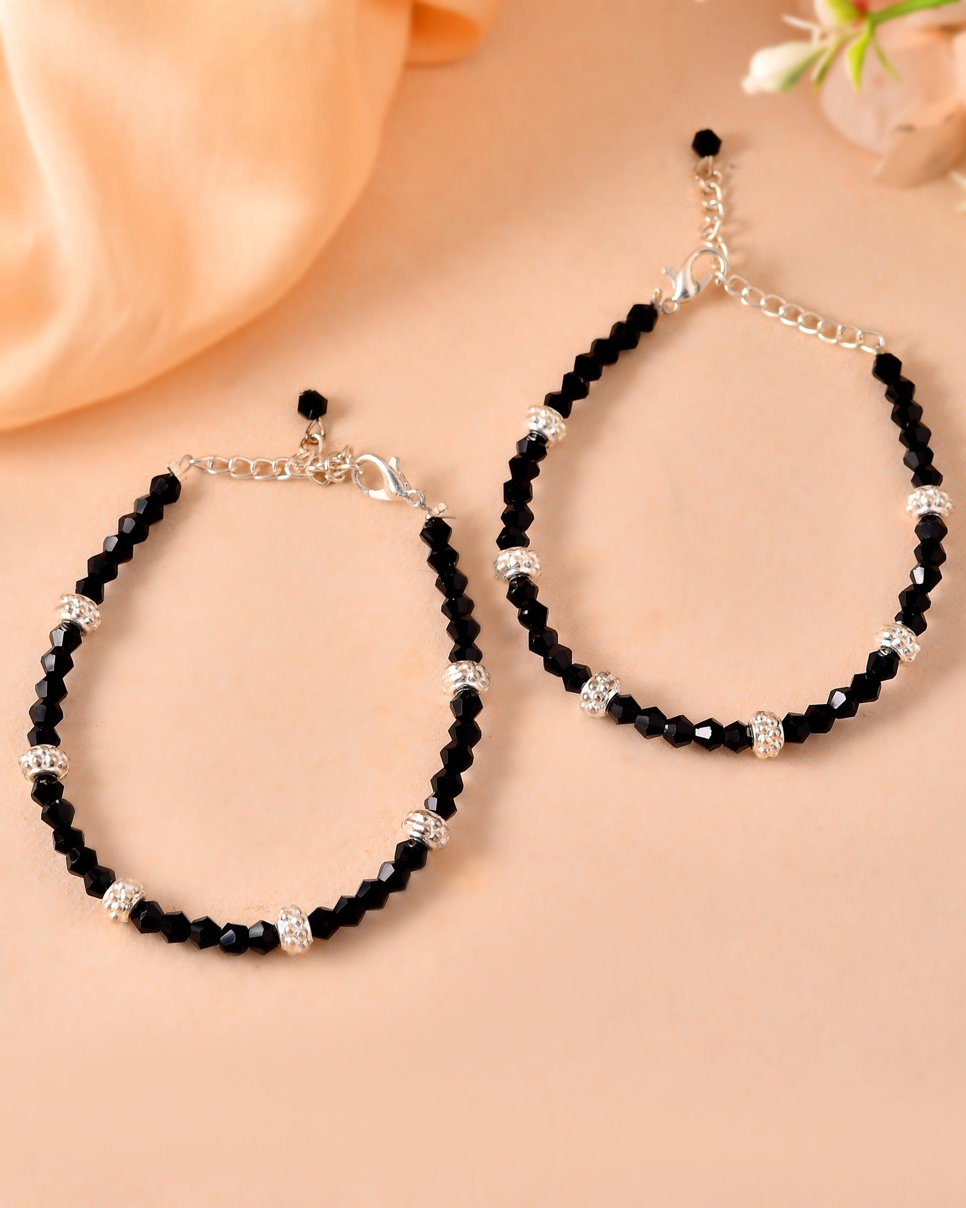 VOJ Set of 2 Silver Plated Artificial Beads Studded Anklet 