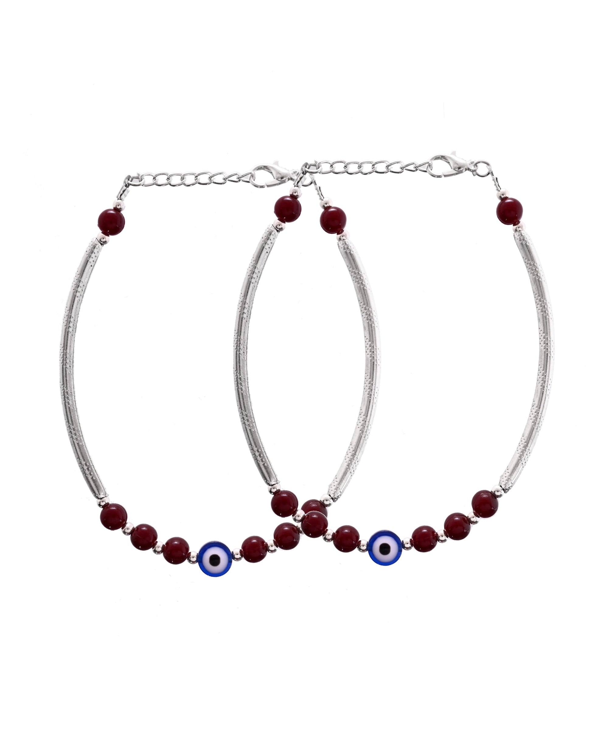 VOJ Set of 2 Silver Plated Artificial Beads Studded Evil Eye Anklet 