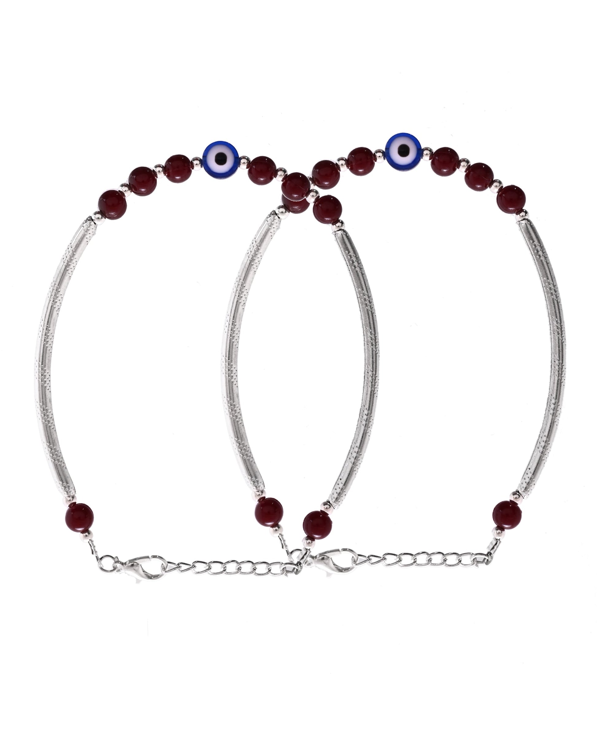 VOJ Set of 2 Silver Plated Artificial Beads Studded Evil Eye Anklet 