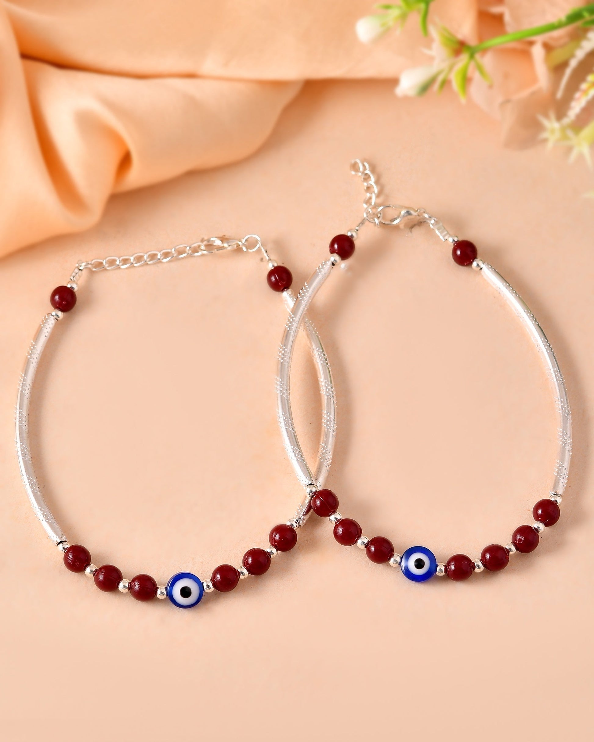 VOJ Set of 2 Silver Plated Artificial Beads Studded Evil Eye Anklet 